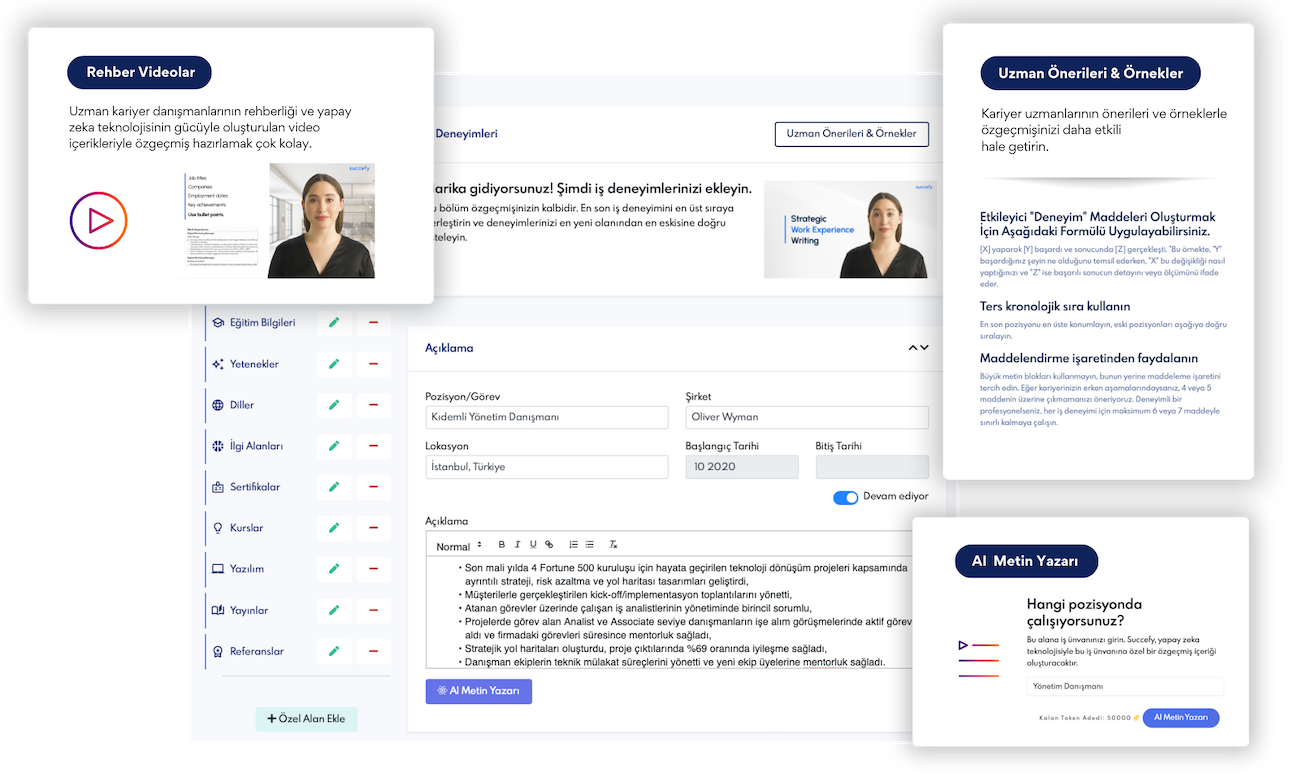 Succefy tarafından tasarlanan profesyonel özgeçmişler oluşturmayı kolaylaştıran üretken yapay zeka cv oluşturucu arayüzü.